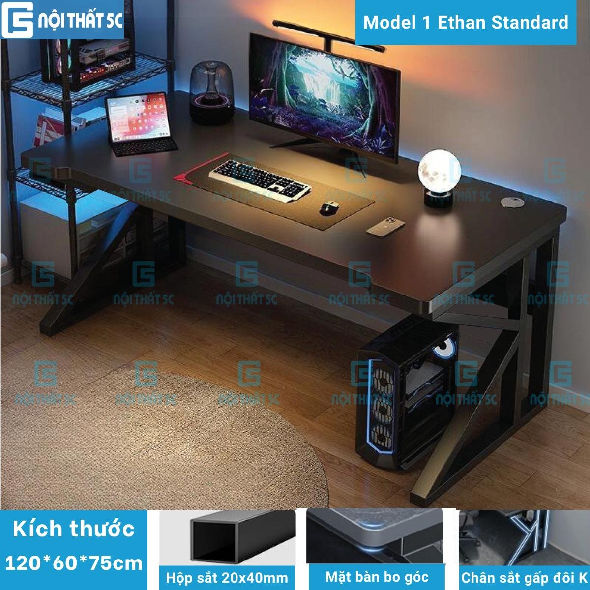 Bàn làm việc, bàn gaming chữ K 1.2m và 1m chân sắt sơn tĩnh điện chắc chắn bền bỉ, mặt gỗ mdf chống ẩm, bàn học, bàn để máy tính kèm phụ kiện 2 món và lỗ luồn dây điện thông minh