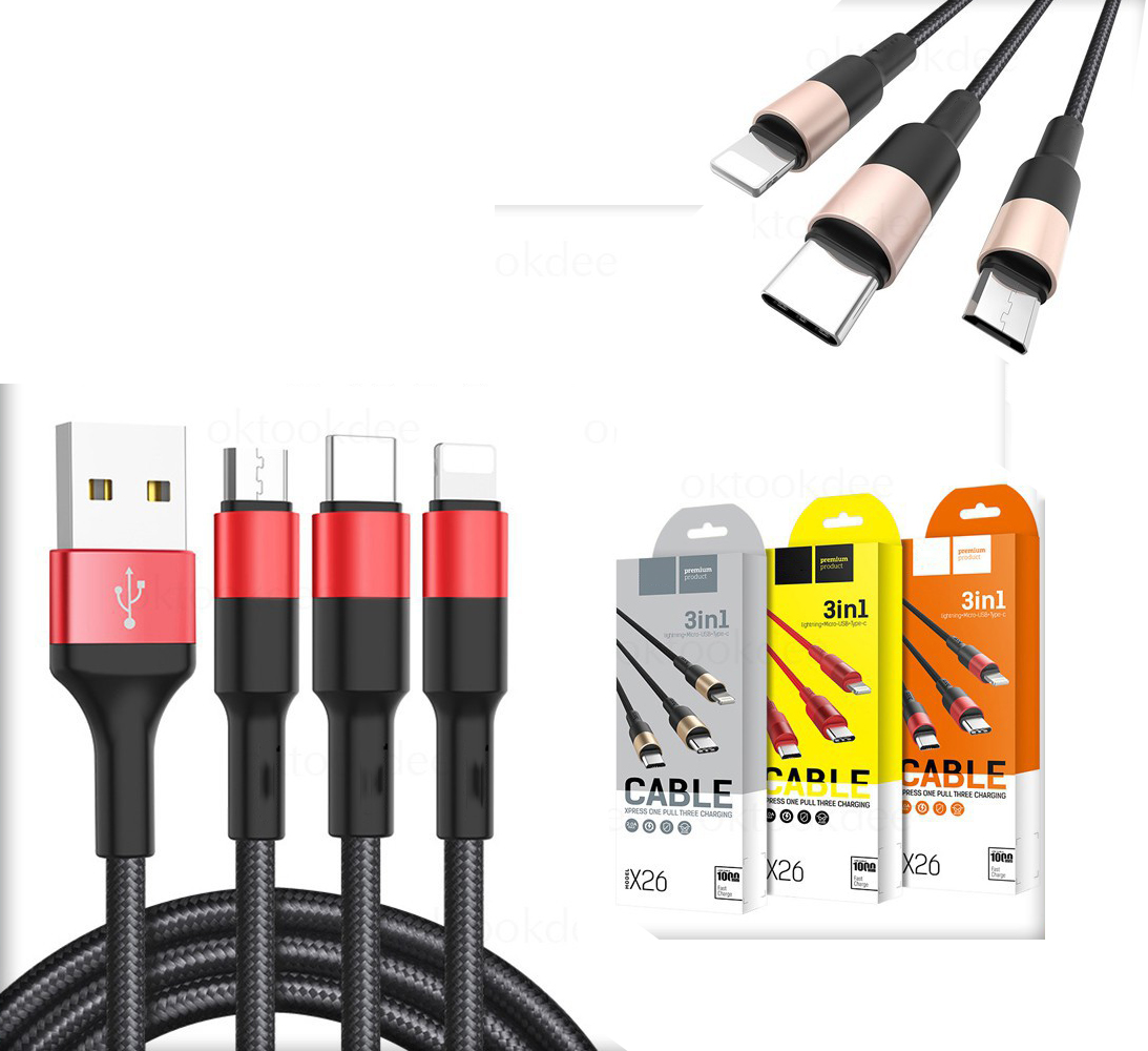 Cáp sạc nhanh dây dù 3 đầu Hoco X26 dài 1M dây sạc 3 đầu bảo vệ pin chống gãy