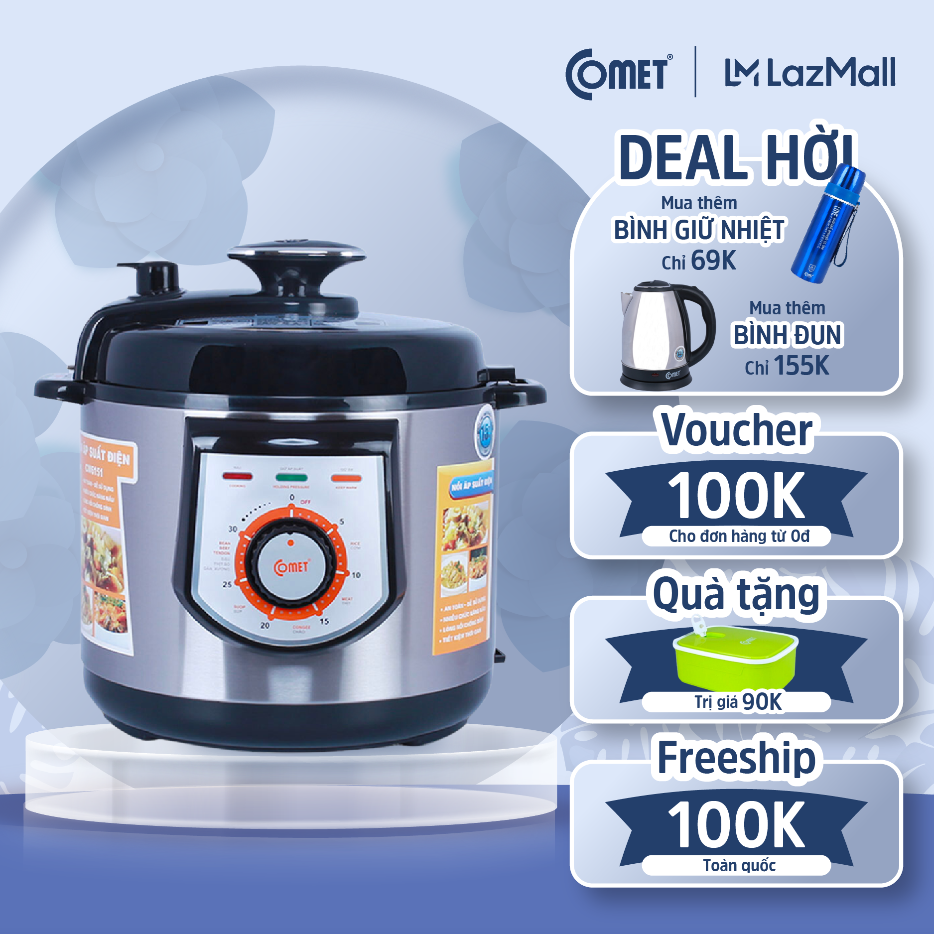 Nồi áp suất điện đa năng nắp rời 6L COMET CM6151- Bảo hành 12 tháng - Hàng chính hãng