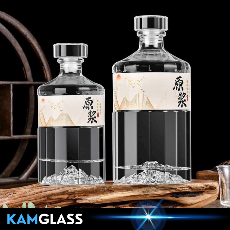 Chai thủy tinh đẹp 1 lít, chai Hibiki 1000ml, đáy núi, nắp thuỷ tinh cao su tặng tem kèm theo chai HBK1000 - Kamglass