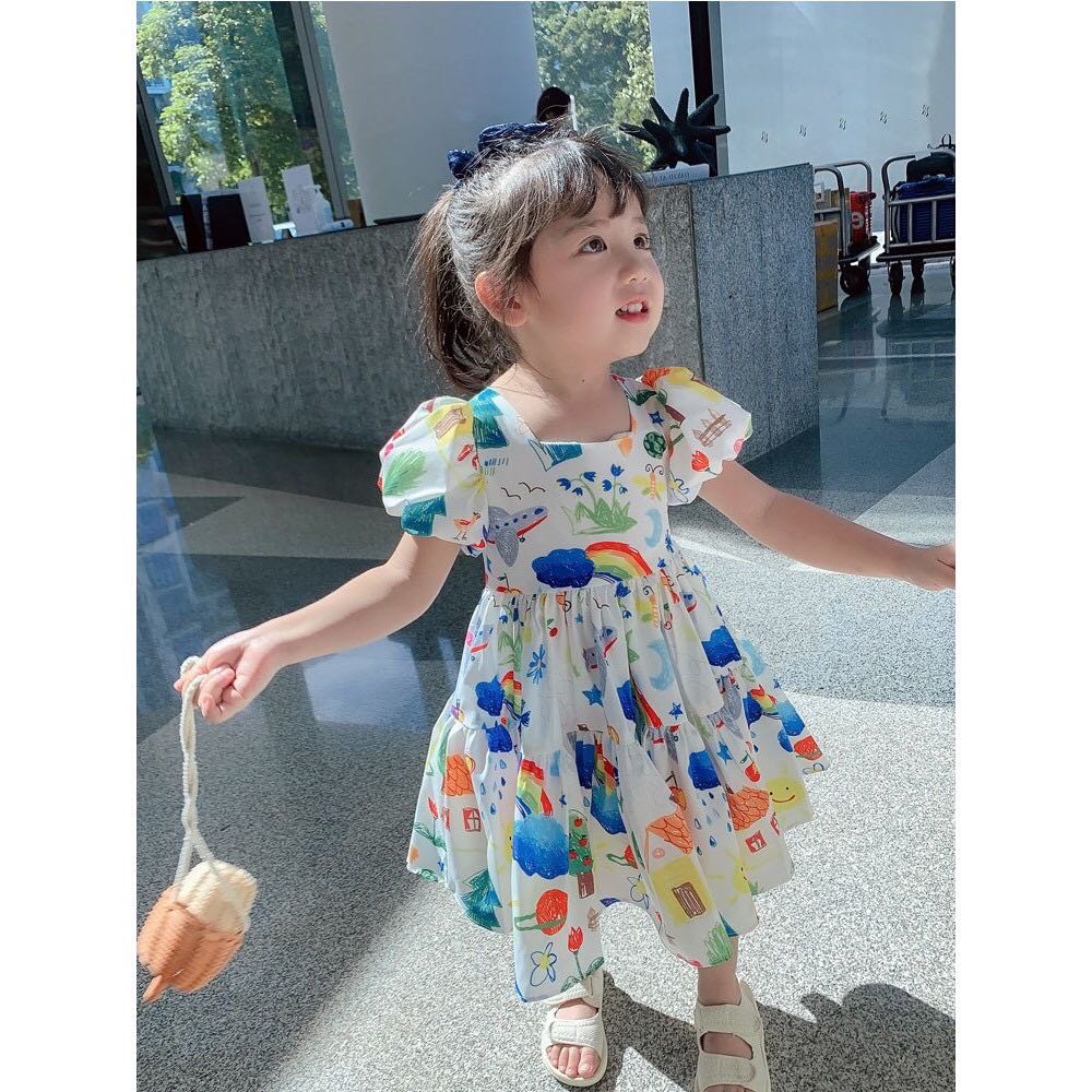 Váy đầm họa tiết cầu vồng tay phồng đáng iu cho bé gái