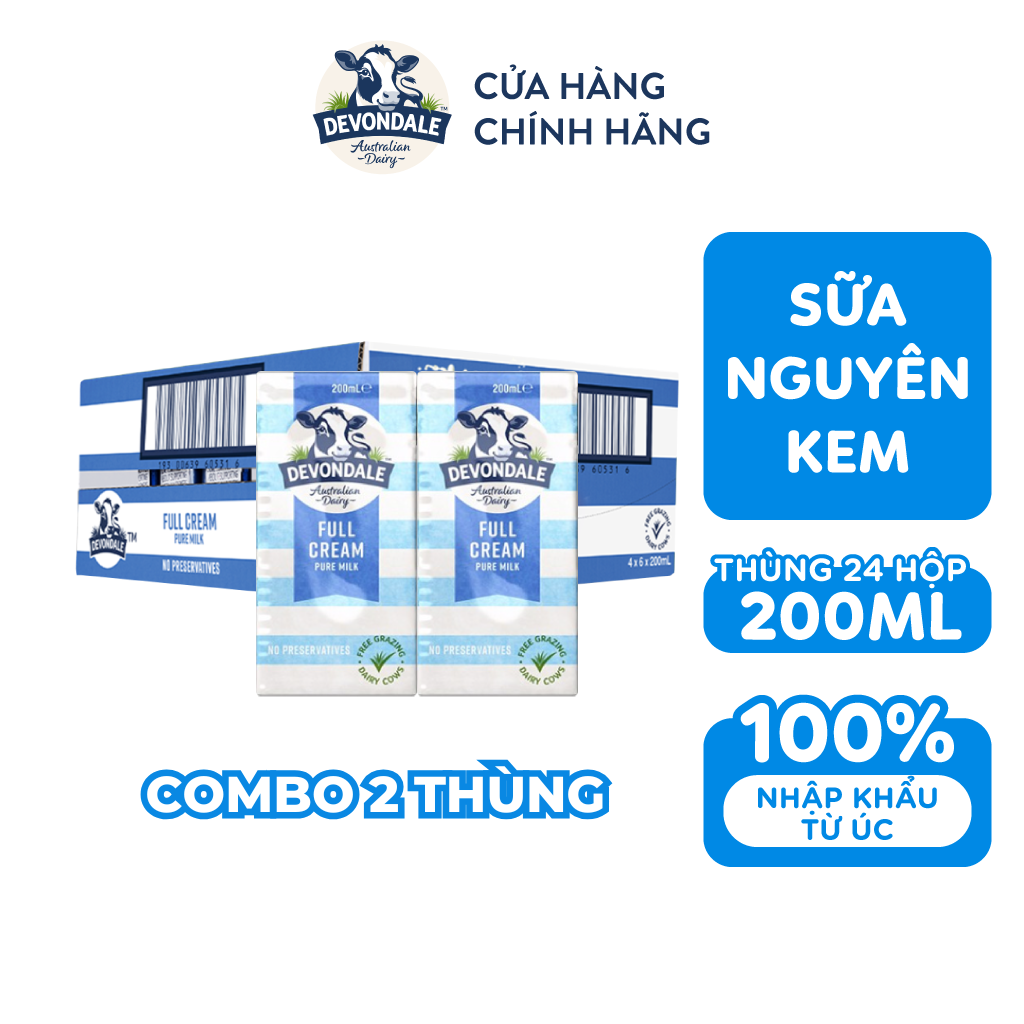 Combo 2  Thùng 24 Hộp Sữa Tươi Tiệt Trùng Nguyên Kem Không Đường Devondale (200ML/Hộp)