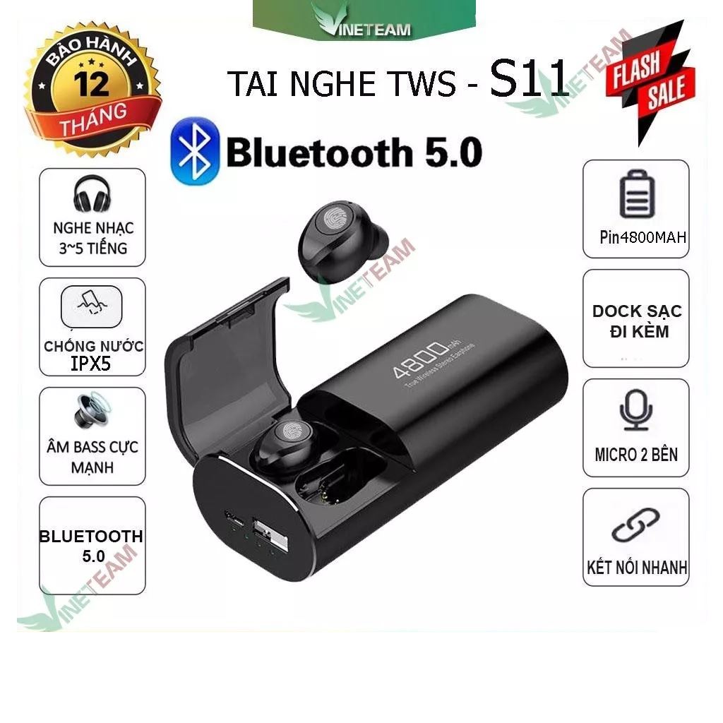 Tai nghe bluetooth TWS S11 nút bấm Cảm ứng chip 5.0 pin 4800mah có micro