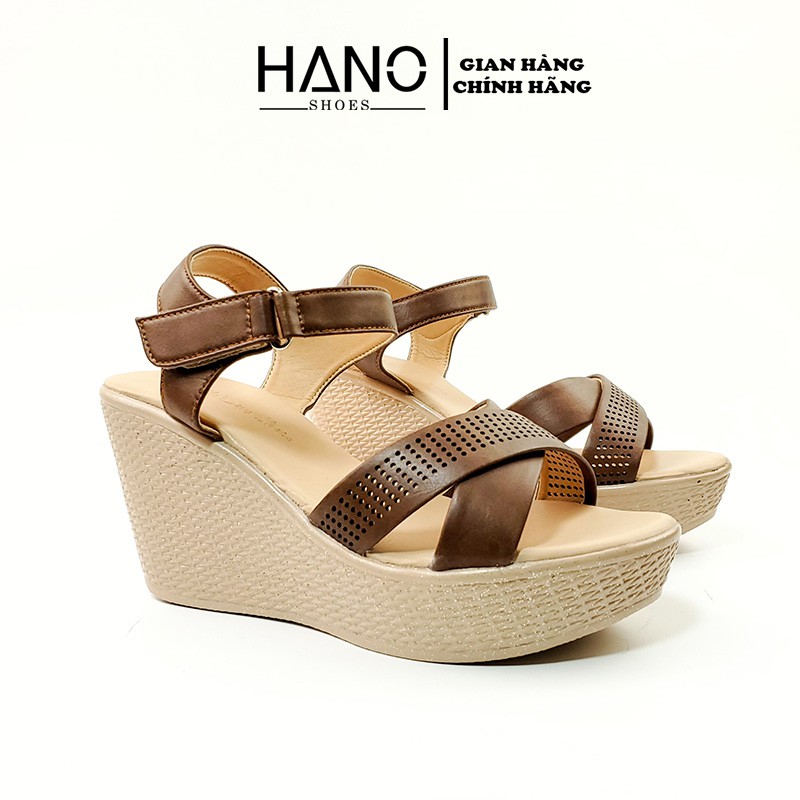 Hano - sandal đế xuồng 9cm xuất dư xịn cao cấp da thật, quai chéo sd9876