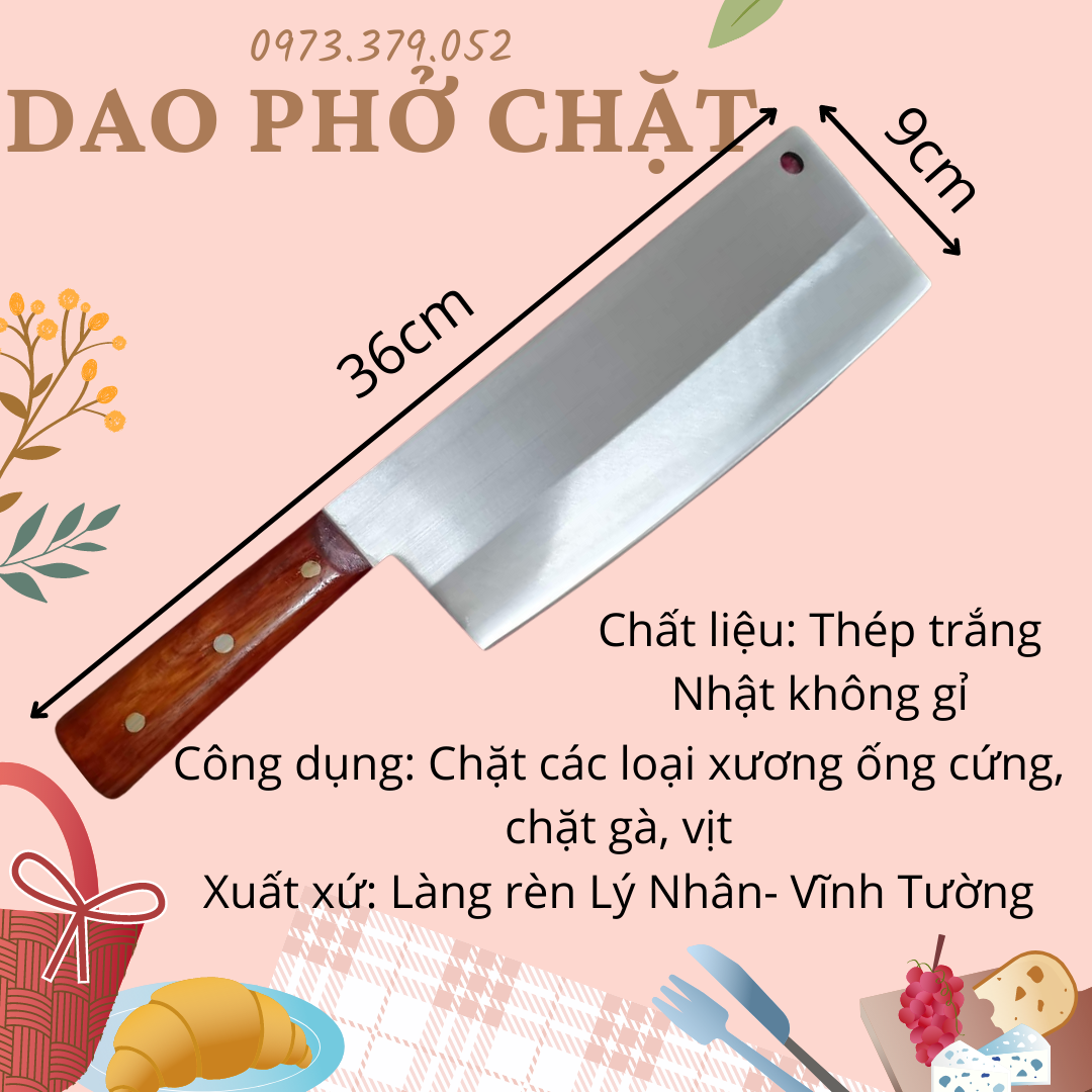 Dao phở chặt xương, thịt gà vịt bằng thép nhật trắng, rèn thủ công làng nghề