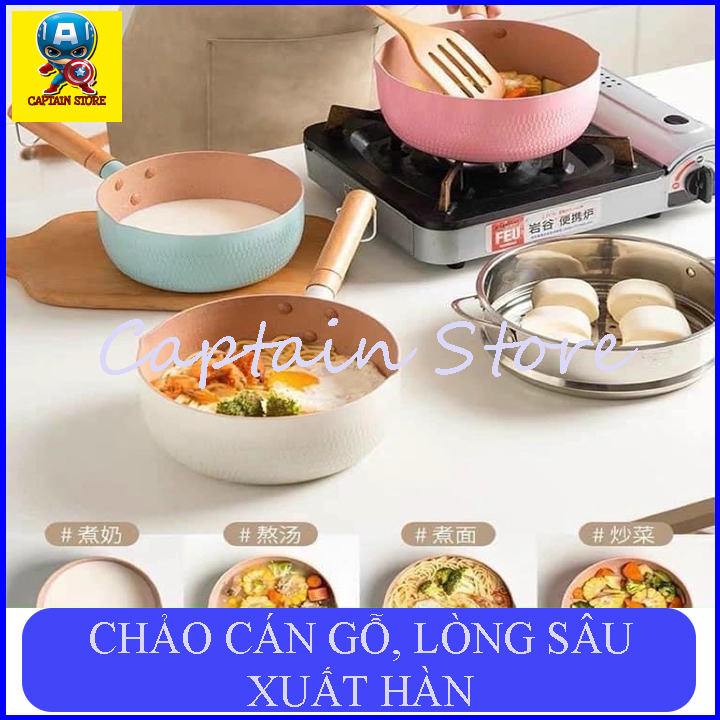 Chảo chống dính sâu lòng mini chảo chống dính bếp từ đa năng chống dính lúa mạch, cán gỗ chống bỏng xuất Hàn, đường kính 18cm, lòng sâu 9cm, đa năng, tiện dụng, cần thiết cho mọi gia đình