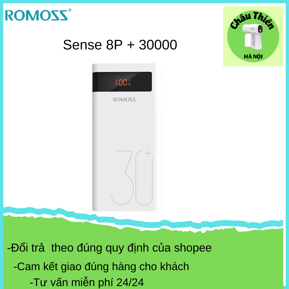 Pin dự phòng 30000 mAh, sạc dự phòng 8P+ thương hiệu Romoss màn hình LED có hỗ trợ sạc nhanh