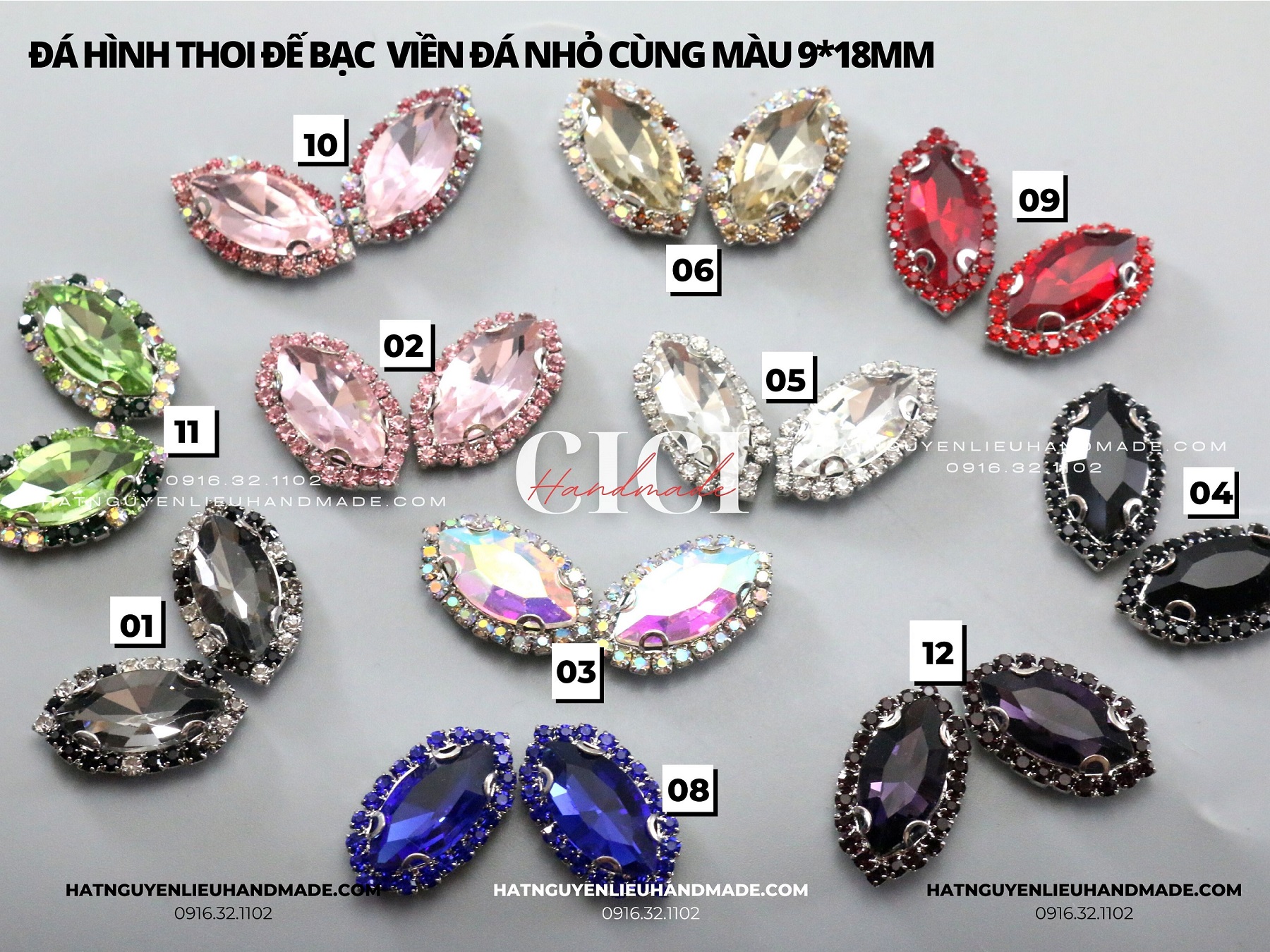 Đá đính kết hình thoi đế bạc cao cấp có viền đá nhỏ cùng màu Cici Handmade hạt cườm nguyên liệu tự làm kẹp tóc