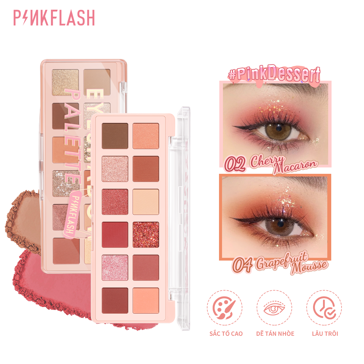 PINKFLASH #PinkDessert Bảng phấn mắt Sắc tố cao Bột mịn và mịn Không thấm nước lâu dài 12 màu