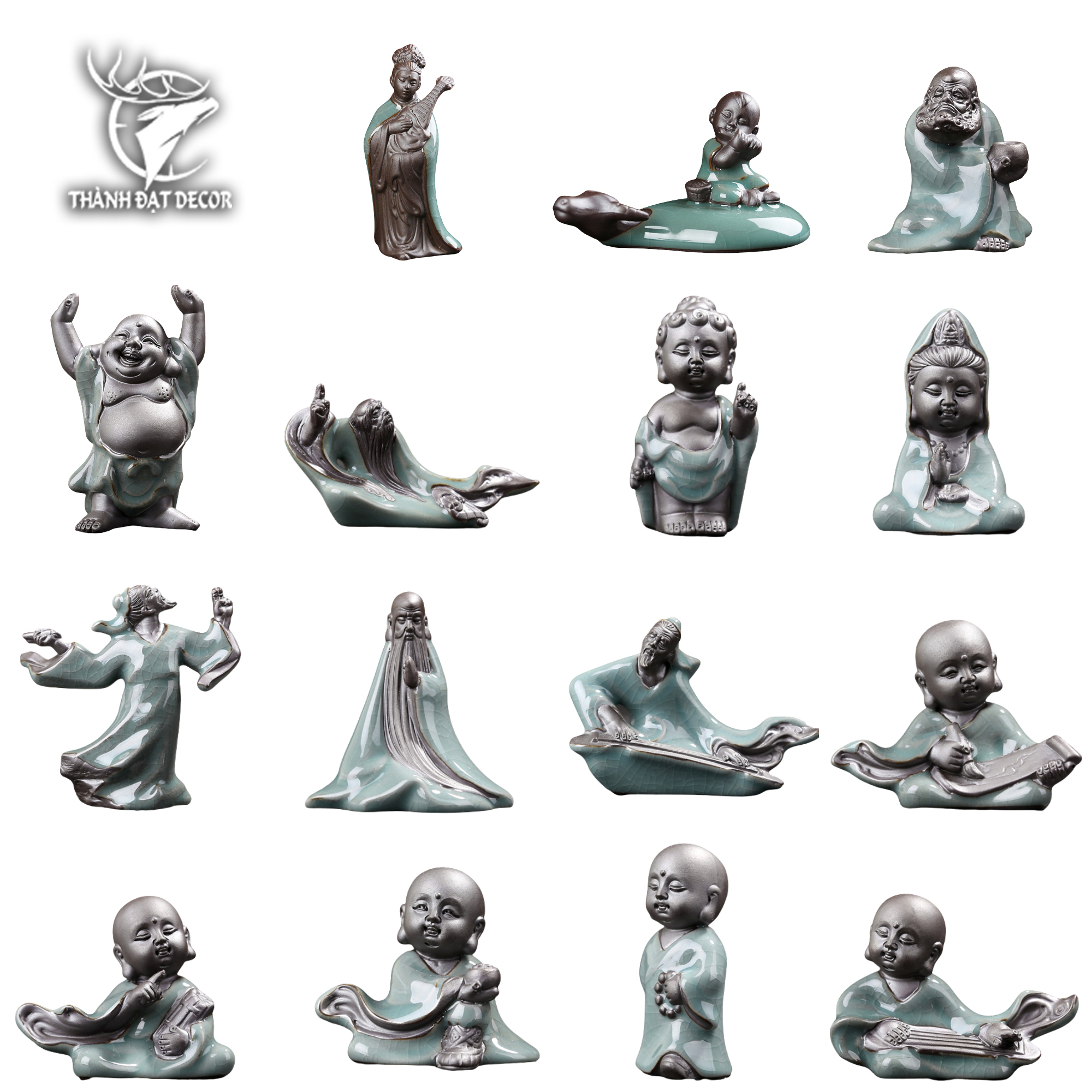 Tượng Gốm Sứ mini Tráng Men Hình Chú Tiểu và Lão Tử Trang Trí Tiểu Cảnh, Cây Bonsai, Cây Cảnh, Hòn Non Bộ, Hồ Thủy Sinh