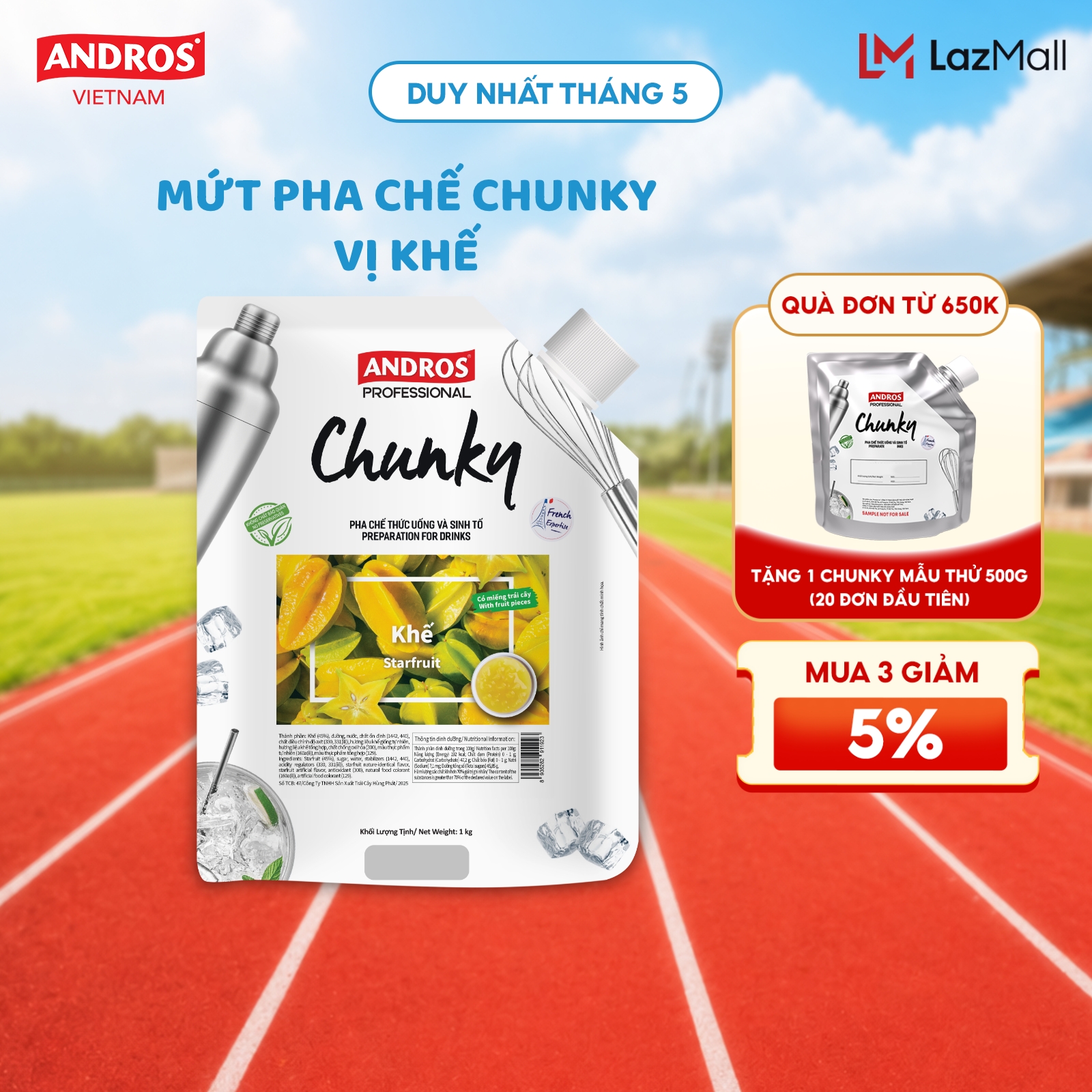 Mứt Pha Chế Khế - Có miếng trái cây thật - Nguyên liệu pha chế - ANDROS CHUNKY - 1kg