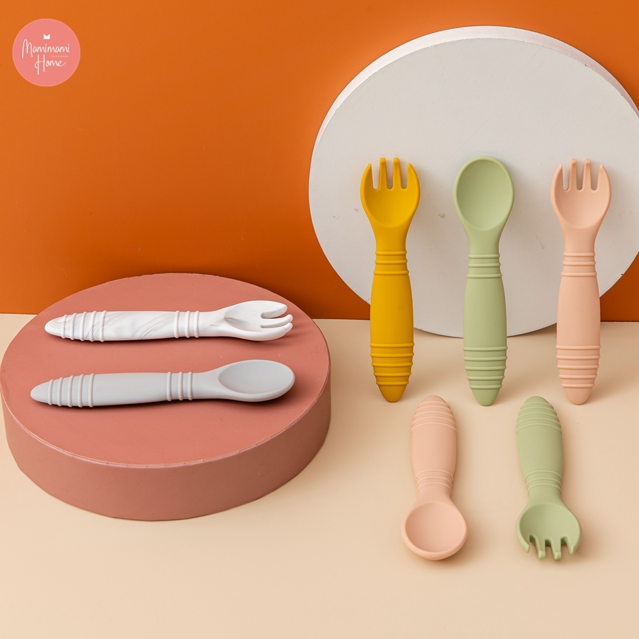 1pc Baby Tableware Food Grade Safe and Healthy Threaded Silicone Fork Spoon