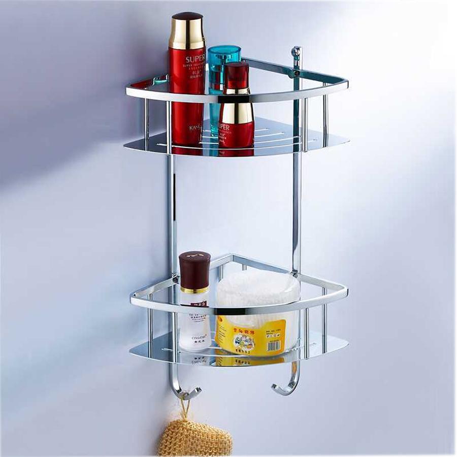 Kệ góc 2 tầng nhà tắm có móc inox sus 304 sáng bóng