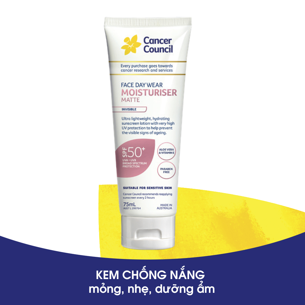 Kem chống nắng Dưỡng ẩm, Mỏng nhẹ Cancer Council - Face Day Wear SPF50+/PA++++ 75ml