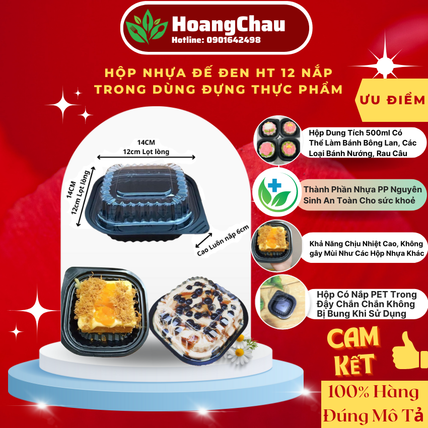 Lốc 50-100 hộp nhựa vuông đen ht-12 nắp trong dùng đựng bánh, trái cây, xôi, kích thướt 14cm x 14cm x 6cm