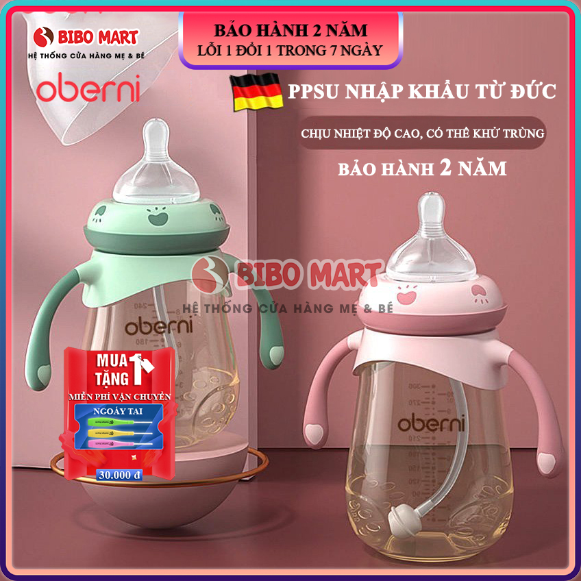 Bình sữa chống sặc Oberni chất liệu nhựa cao cấp PPSU nhập khẩu từ Đức, có tay cầm tiện dụng an toàn hiệu quả cho bé Bảo hành 2 năm lỗi đổi mới trong 7 ngày