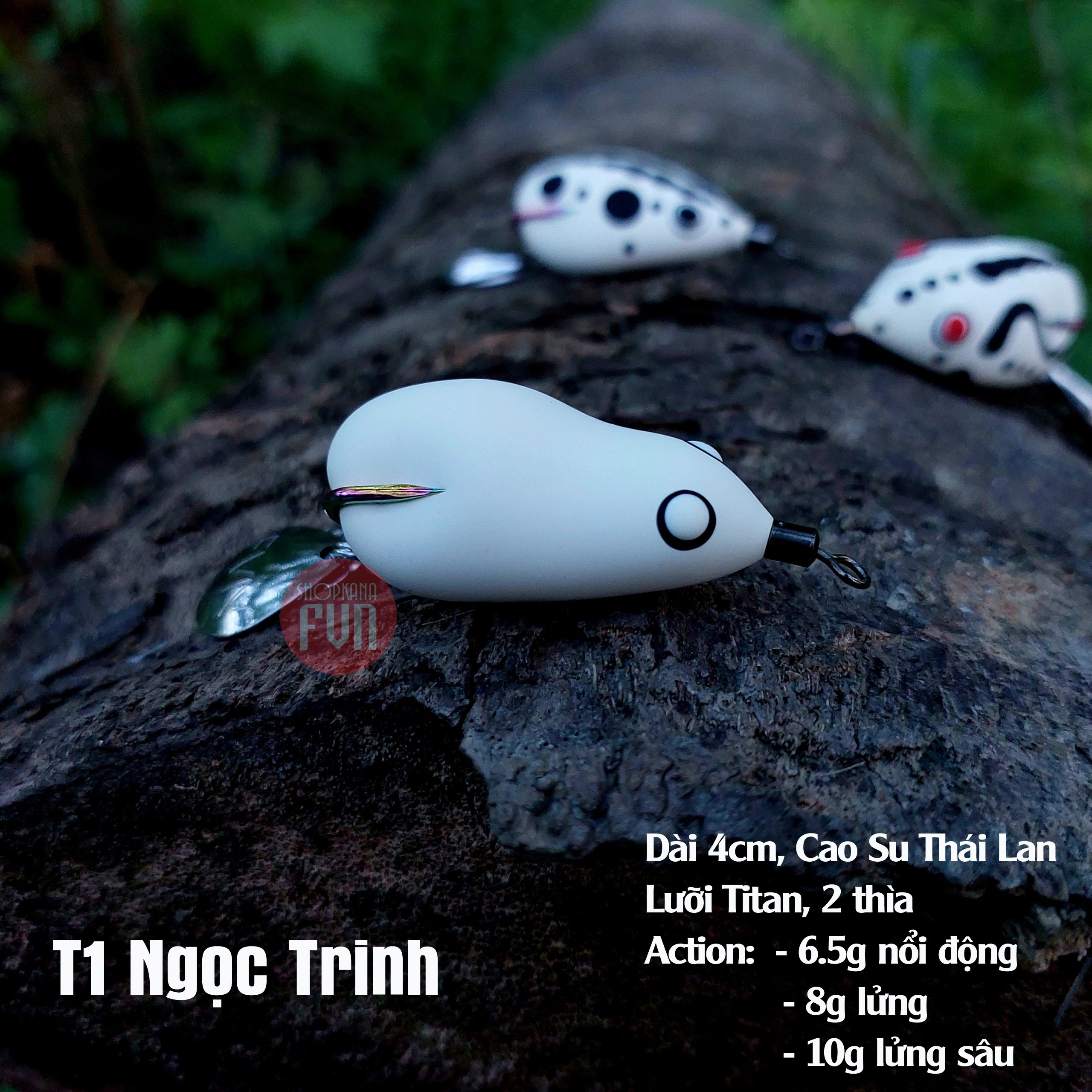 Mồi giả nhái hơi màu trắng, lưỡi titan (Sóc chuột, ngọc trinh, mắt lồi), handmade