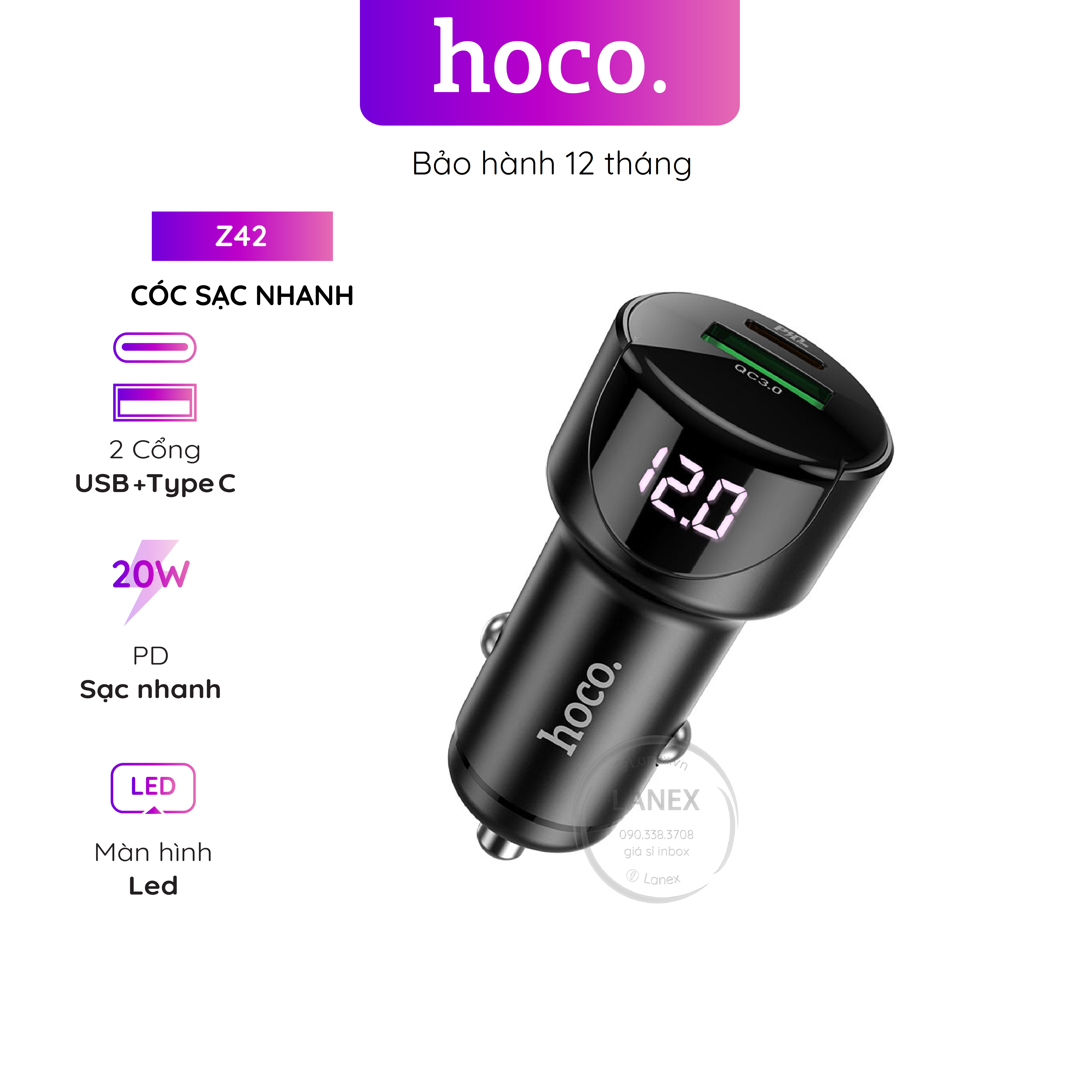 Cóc Sạc Nhanh Hoco Z42 Xe Hơi 1 Cổng Usb 1 Cổng Type C 3.0a Pd Qc3.0 20w Màn Hình Led