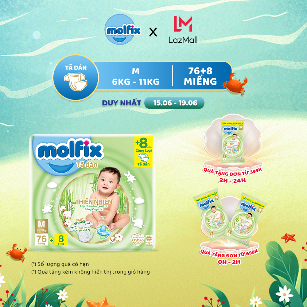 [Đơn 399K Tặng 2 miếng tã quần size L ] Tã/bỉm dán Molfix Thiên nhiên Super Jumbo M (6kg - 11kg) - Gói 76+8 miếng
