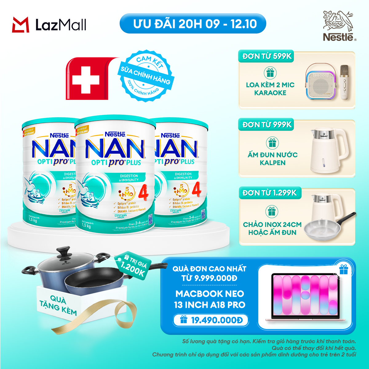 [CHỈ 20h 9-12.10 QT ĐƠN 599K/999K/1299K] [Tặng Set Nồi Chảo Elmich] Bộ 3 lon Sữa Bột Nestlé NAN OPTIPRO PLUS 4 1500g Cho Bé 2 - 6 Tuổi: Công Thức Độc Quyền Nhập Khẩu Từ Thụy Sỹ, Chứa Phức Hợp 5-HMO
