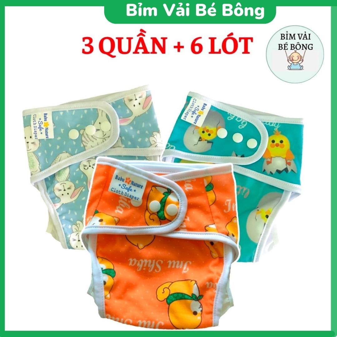 3 QUẦN+6 LÓT_Combo 3 Bộ Bỉm Vải, Tã Vải Babu Nature Chống Hăm, Chống Tràn, Có Thể Giặt Được Và Tái Sử Dụng, Size M,L
