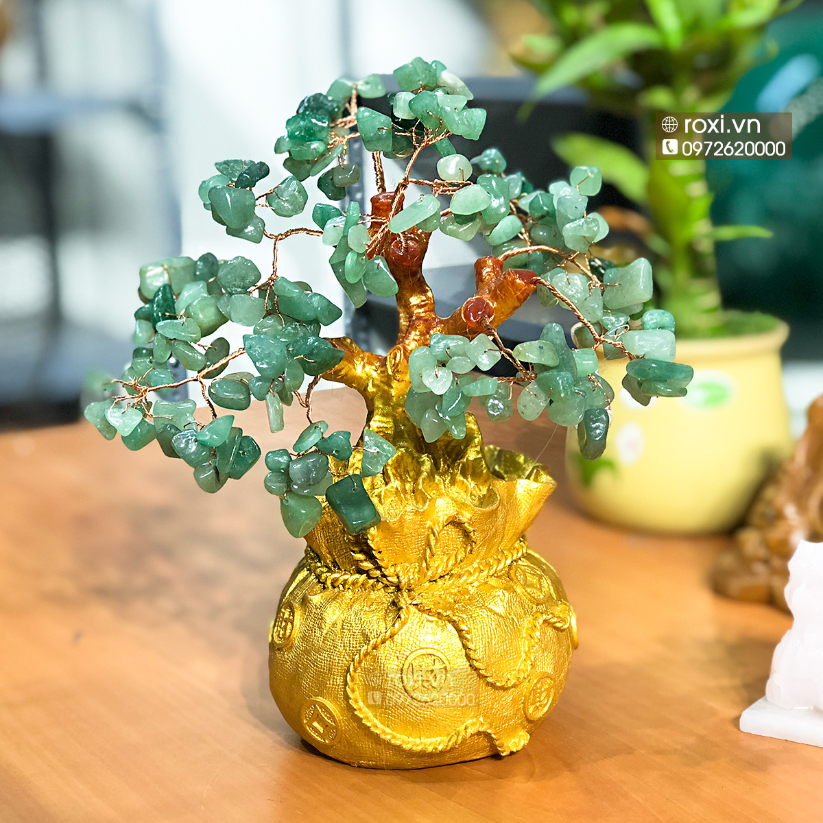 Cây tài lộc đá thạch anh, Cây kim tiền phát tài phát lộc bằng đá - Chậu cây phong thủy mang may mắn tài lộc, 18,5cm . Tặng kèm đồng xu
