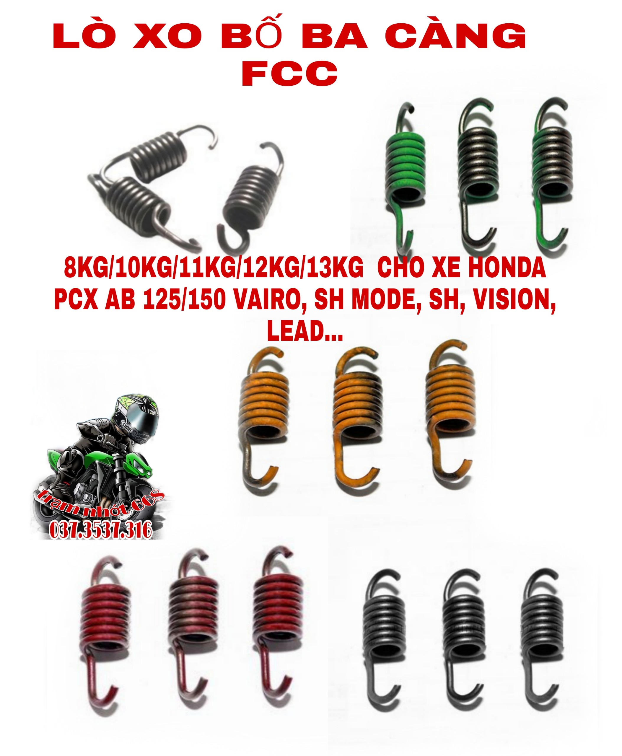 Lò xo bố 3 càng fcc 8kg/10kg/11kg/12kg/13kg cho xe honda pcx ab 125/150 vairo, sh mode, sh, vision, lead...