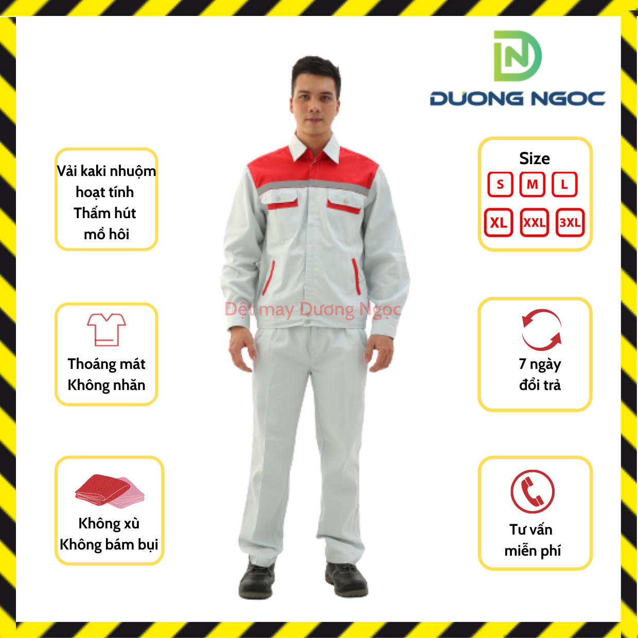 Quần Áo Bảo Hộ Lao Động Đồ Công Nhân, Đồng Phục BHLĐ Nam Màu Ghi Ánh Xanh Phối Đỏ Vải Kaki Nhuộm Hoạt Tính Đủ Size DN12
