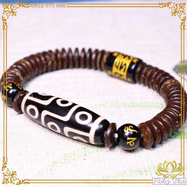 Vòng Tay Mã Não Lạt Ma Dzi 9 Mắt Tây Tạng Hạt Tay Gáo Dừa Mix Lục Tự Đại Minh Chú - Pháp Tâm