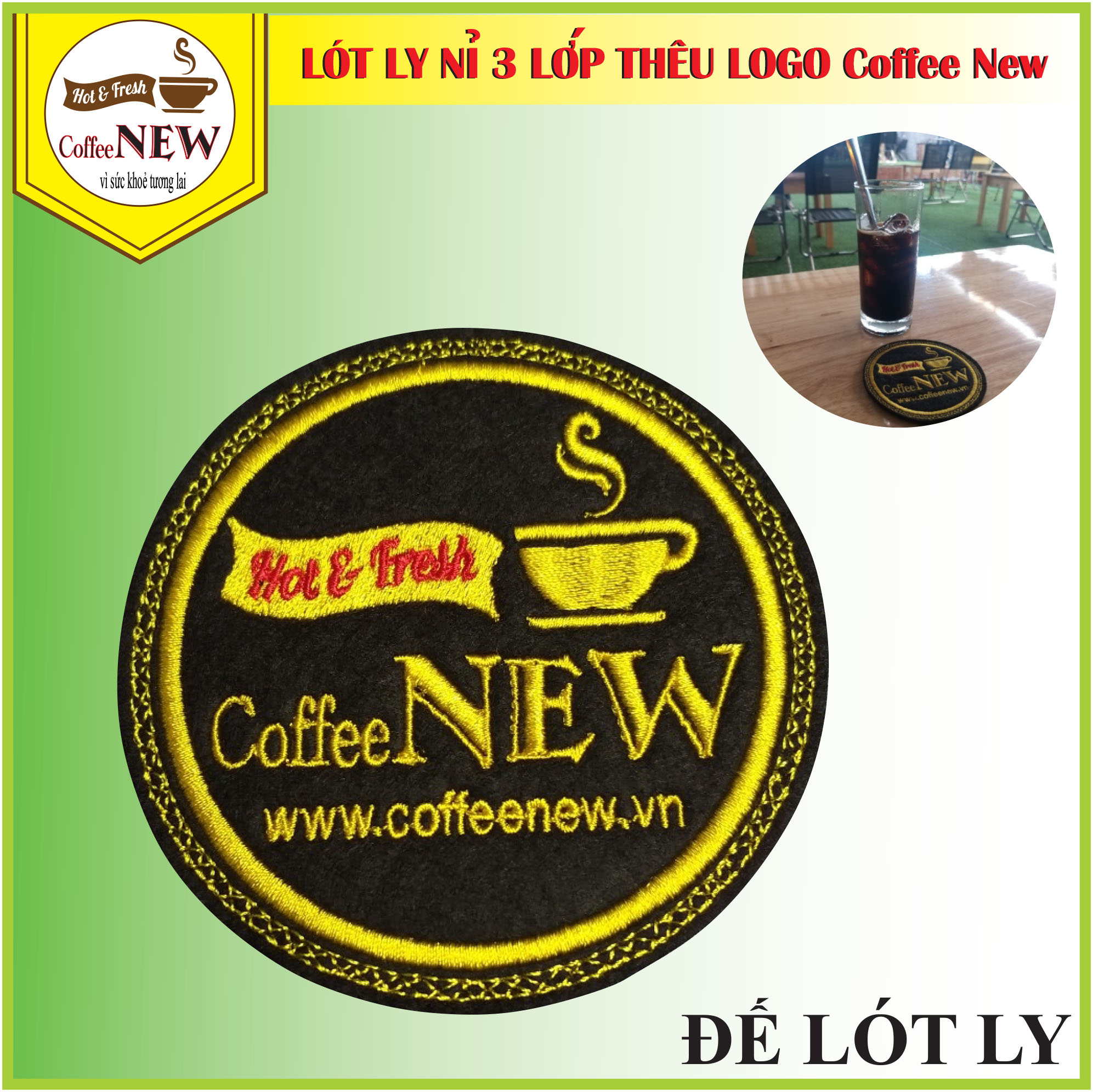 Lót Ly Nỉ 3 Lớp Thêu Logo Nổi Coffee New - Đường Kính 9 cm - Thấm Nước Nhanh - Nhỏ Gọn Đẹp - Coffee New