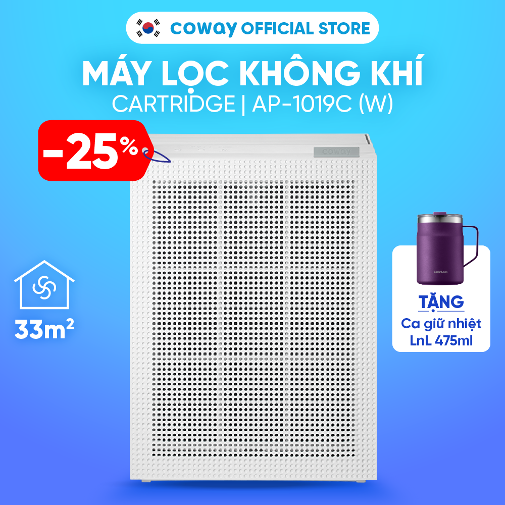 [Chỉ giao hàng HN và TP.HCM] Máy lọc không khí Coway Cartridge (W) AP-1019C (W) | Diện tích 33m2 | Hệ thống lọc bụi mịn, màn hình cảm ứng, đèn báo khi cần thay màng lọc, thiết kế sang trọng | Hàng chính hãng