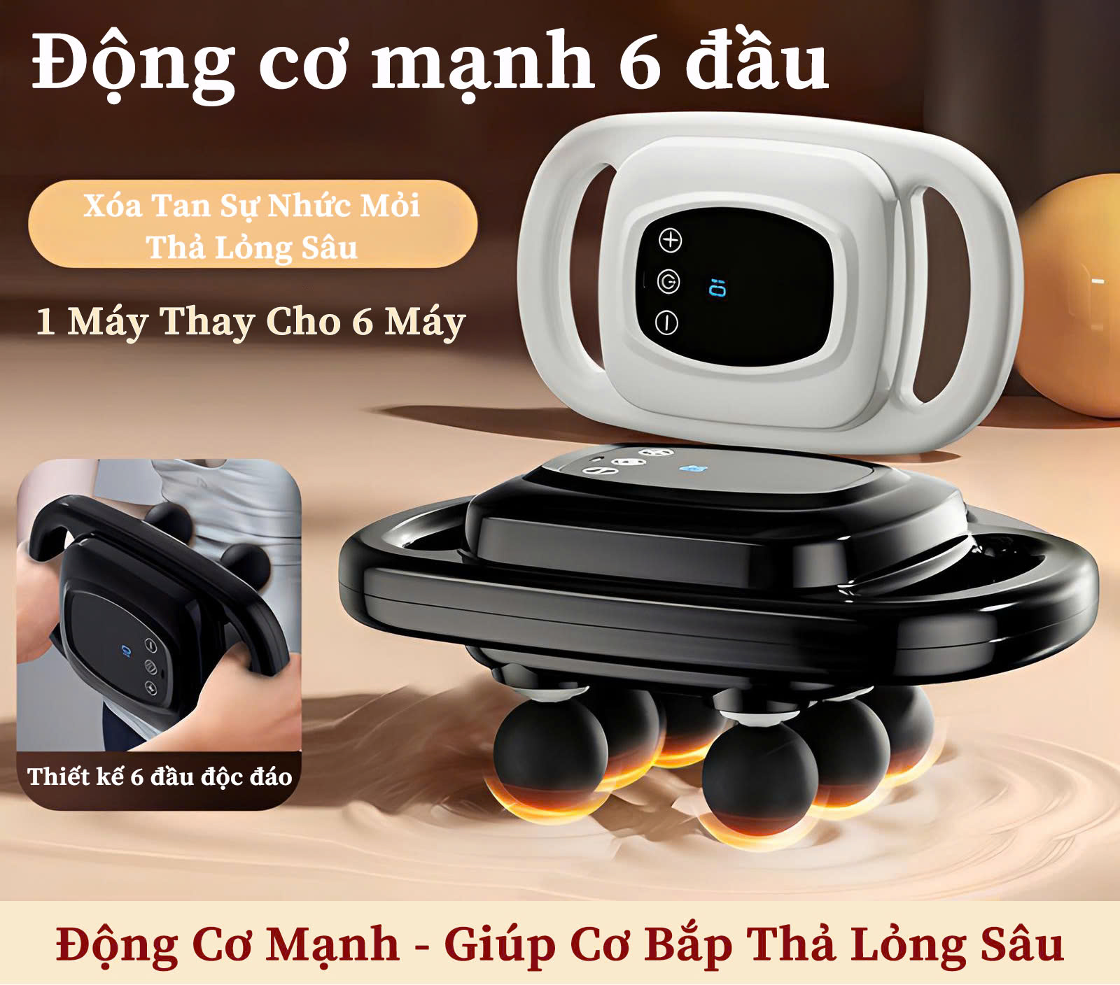 Máy Massage Cầm Tay 6 Đầu Mát Xa Thư Giãn Cơ Diện Tích Lớn, Rung Cơ Tần Số Cao 9 Mức Điều Chỉnh