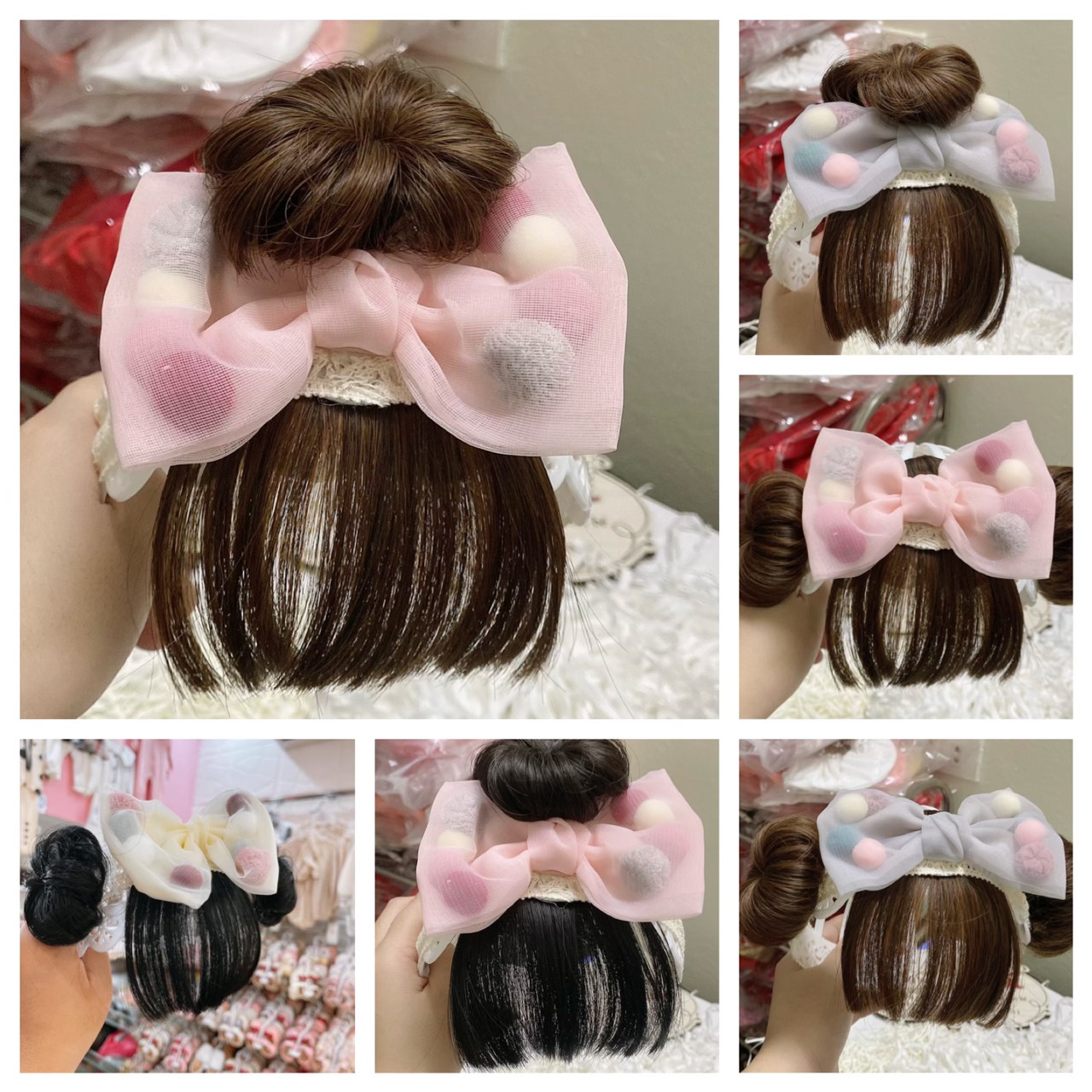 [HÌNH BÉ ĐỘI- tóc đen, nâu] Băng đô tóc giả cho bé gái, turban tóc giả cho bé sơ sinh, tóc giả bé gái