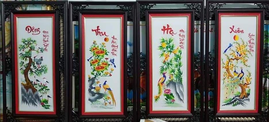Tranh thêu thành phẩm tứ quý người trắng chưa khung