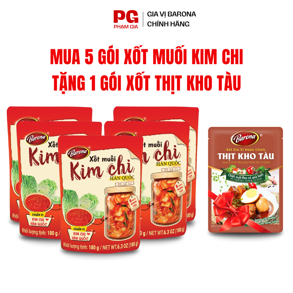 COMBO 5 Gói Xốt Muối Kim Chi Hàn Quốc Barona 180g Chính Hãng, Tặng 1 Gói Xốt Gia Vị Thịt Kho Tàu