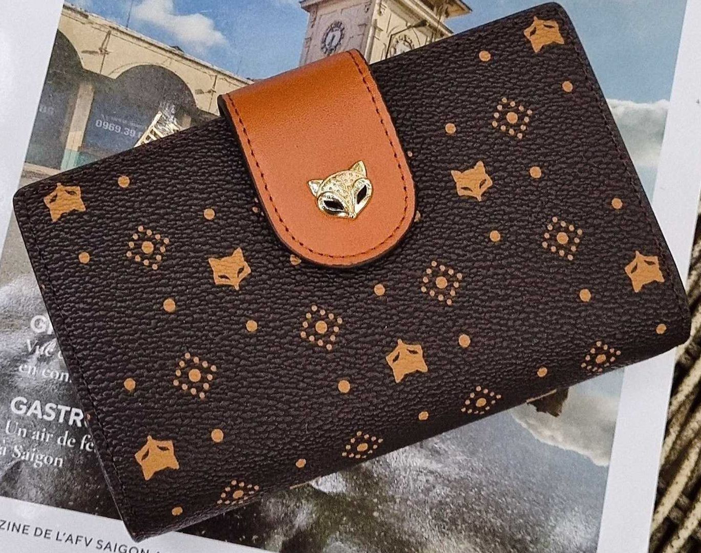 Ví Foxer gập mặt cáo animal printed wallet CN Nâu