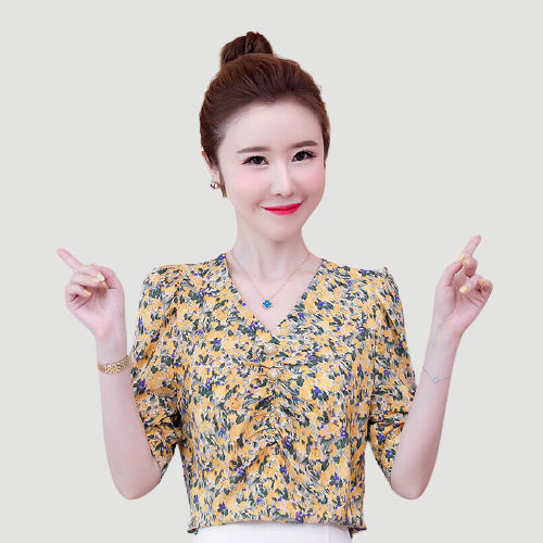 Áo kiểu nữ in bông hoa  rút dây giữa đính nút tay ngắn cổ bẻ thời trang xuân hè phù hợp đi chơi làm việc Av0114