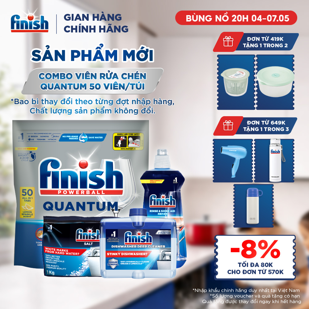 Combo Finish: Viên Rửa Chén Bát Finish Powerball Quantum 50 viên + Nước Làm Bóng 500ml + Muối Rửa Chén Bát 1kg + Dung dịch vệ sinh máy