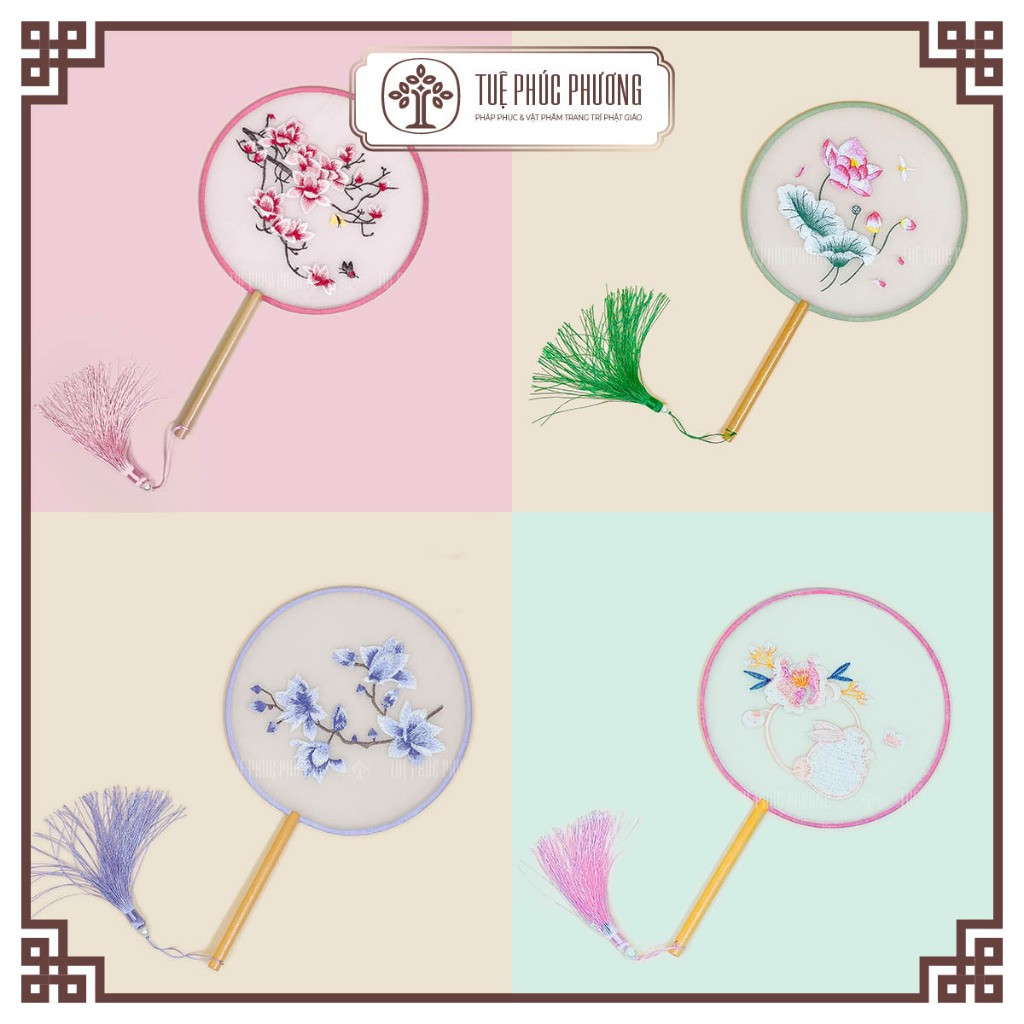 Quạt tròn vải lụa phong cách Trung Hoa thêu họa tiết