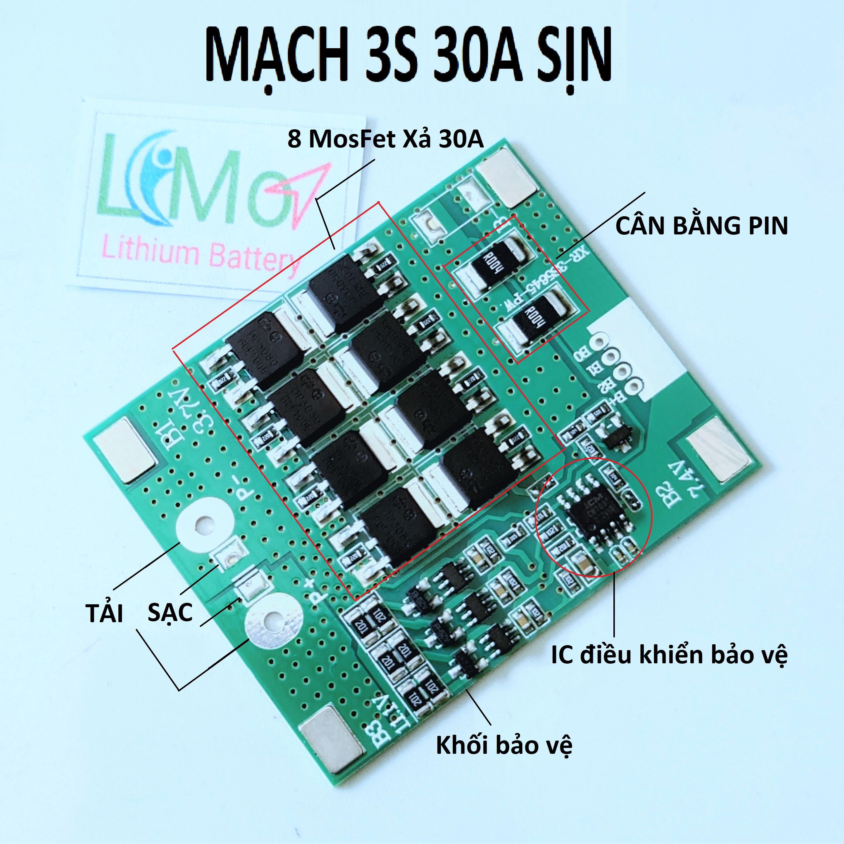 Mạch 3S 30A Sịn (Bảo vệ bằng IC, Có cân bằng). Mạch bảo vệ sạc xả cho pin 18650 6 Mosfet xả 30A Dùng để đóng khối pin máy khoan 3S 12.6v. Khối 3S1P 3S2P 3S3P.. Đều dùng được - LIMO