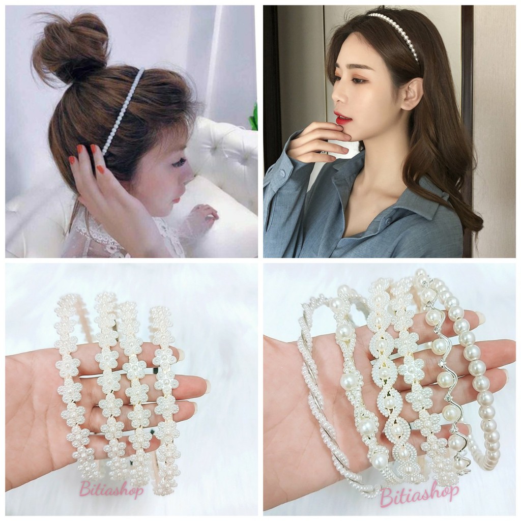 Băng đô cài tóc hạt châu trắng nữ tính