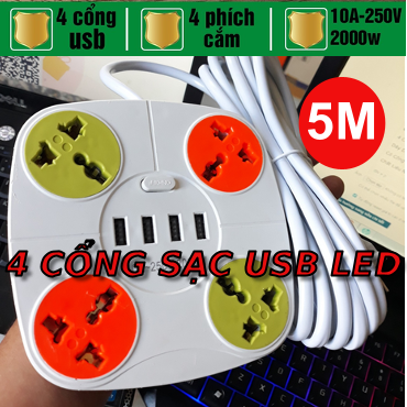 Ổ cắm điện đa năng 4 chấu cắm 4 cổng sạc usb có led dây 5m