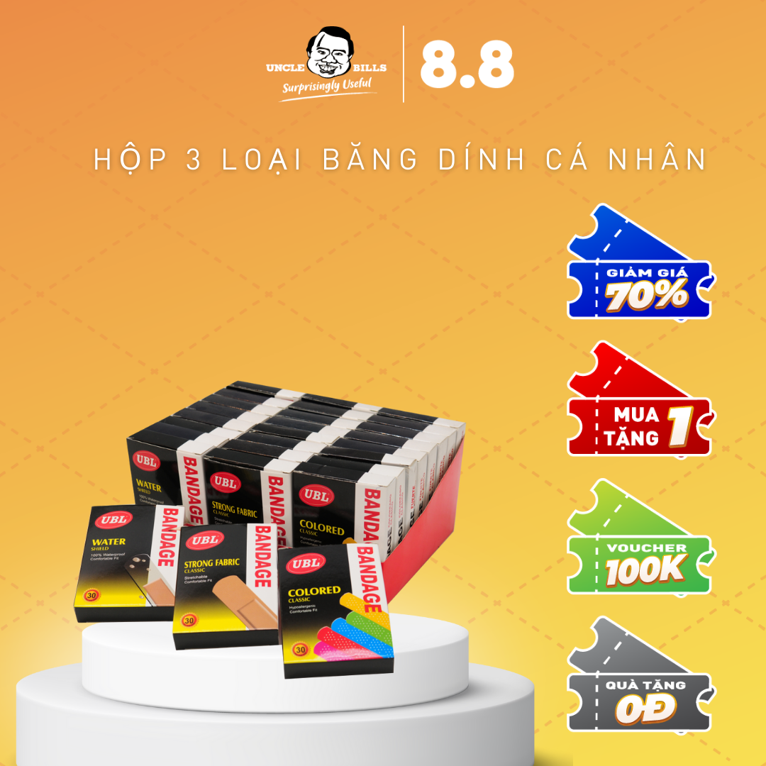 Băng cá nhân Uncle Bills AG0587 băng dán vết thương cá nhân nhiều màu sắc, urgo, băng y tế bảo vệ vết thương