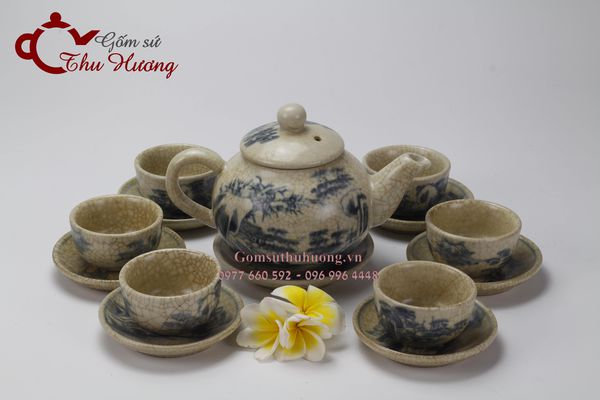 Bộ ấm chén Bát Tràng men rạn giả cổ dáng Hồng