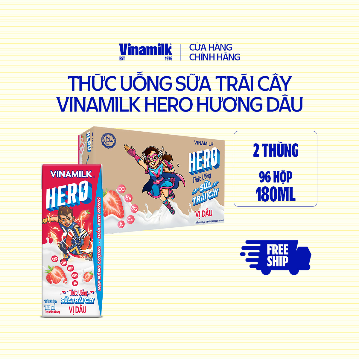 2 Thùng Thức uống sữa trái cây vị dâu Vinamilk Hero 180ml - 48 hộp/Thùng