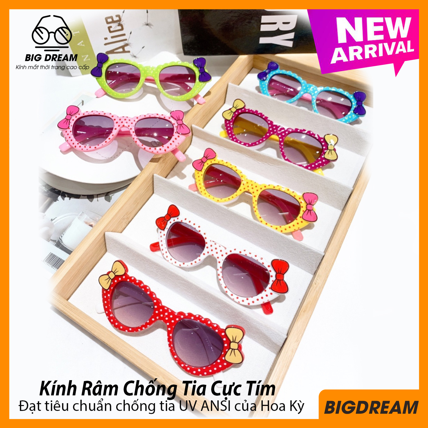 Kính râm thời trang cho trẻ từ 2 tới 9 tuổi BDNOCHAMBI - Kính mát cao cấp chống tia UV dành cho trẻ em hình nơ siêu dễ thương  - Tặng kèm túi đựng + Khăn lau