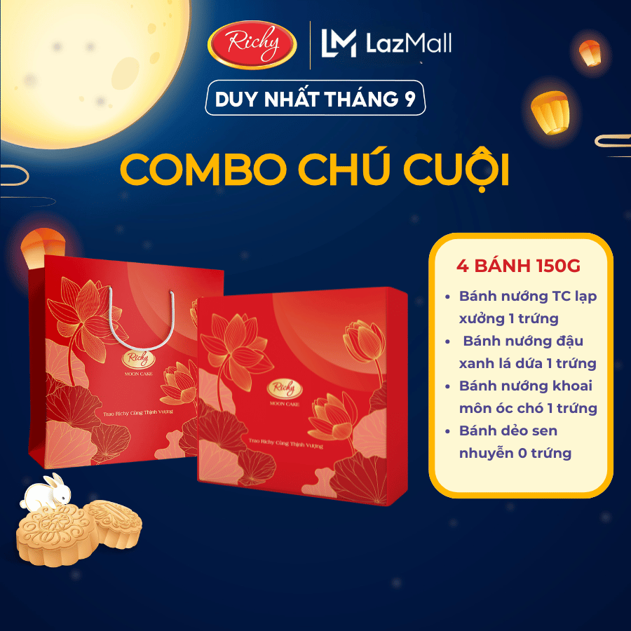 Combo Hộp bánh Trung Thu 4 Bánh - Chú Cuội, Bánh Trung Thu Truyền Thống Richy