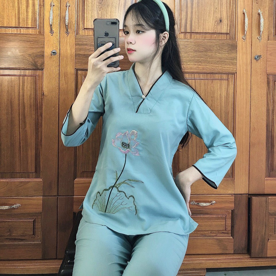 Áo tràng, Quần Áo nữ Phật Tử, Đồ Lam Đi Chùa mẫu nút ngọc kate mã HPA11