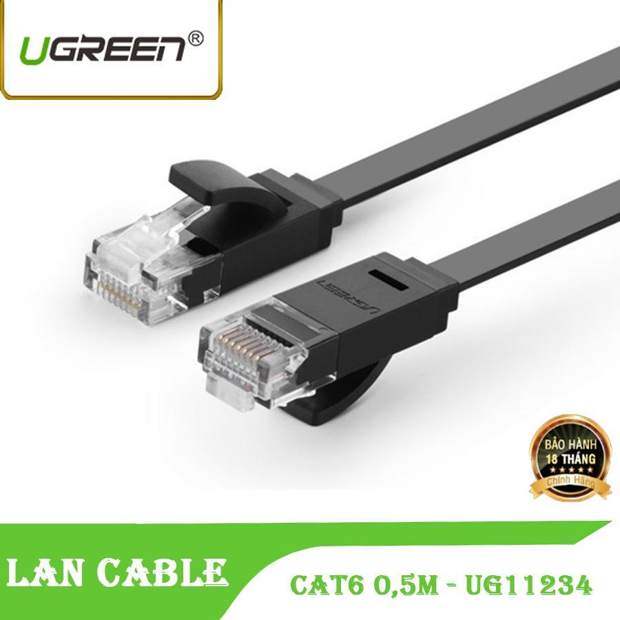 Dây cáp mạng cat6 utp 2 đầu đúc sẵn ugreen nw104 11234 - dây mòng dẹt màu đen 0,5m tốc độ 1 gbps