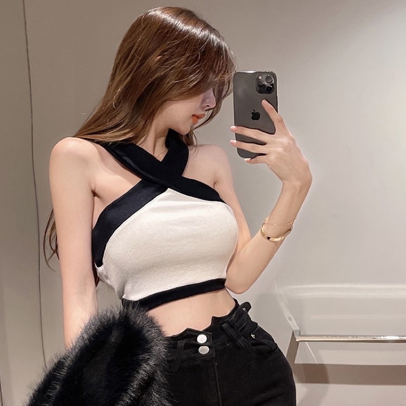Áo yếm chéo cổ xinh phối màu mc9 / áo yếm dây đen chéo cổ gợi cảm